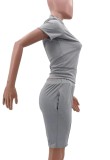 Grey Sexy Tight Zipper Sleeveless Crop Top and Shorts 2PCS Set
