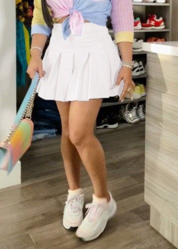 Wholesale White High Waist Short Pleated Skirt