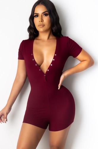 Wholesale Casual Burgunry V Neck Ribbed Bodycon Rompers