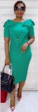 Formal Green Bow Trim Midi Dress