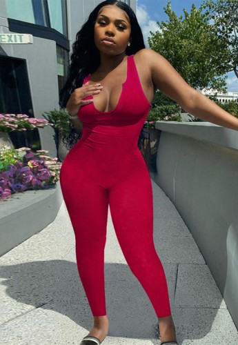 Red Sexy Ribbed Sleeveless Bodycon Jumpsuit