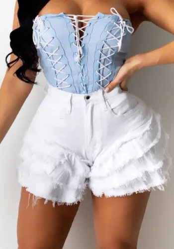 Fashion White High Waist Fringe Denim Shorts