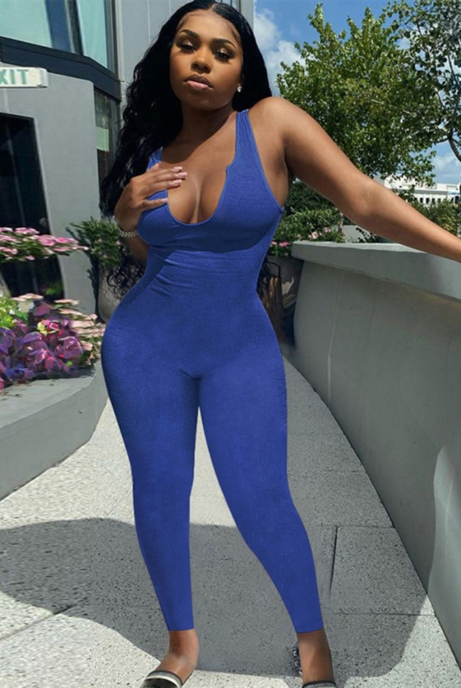 Blue Sexy Ribbed Sleeveless Bodycon Jumpsuit