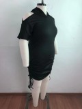 Plus Size Black Cold Shoulder Side Drawstrings Hooded Dress