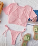 Pink Short Sleeves Two Piece U-Ring Swimwear