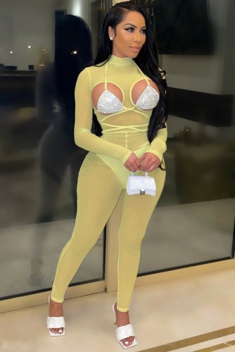 Yellow Mesh See Through Sexy Sequin Bra Long Sleeve Bodycon Jumpsuit