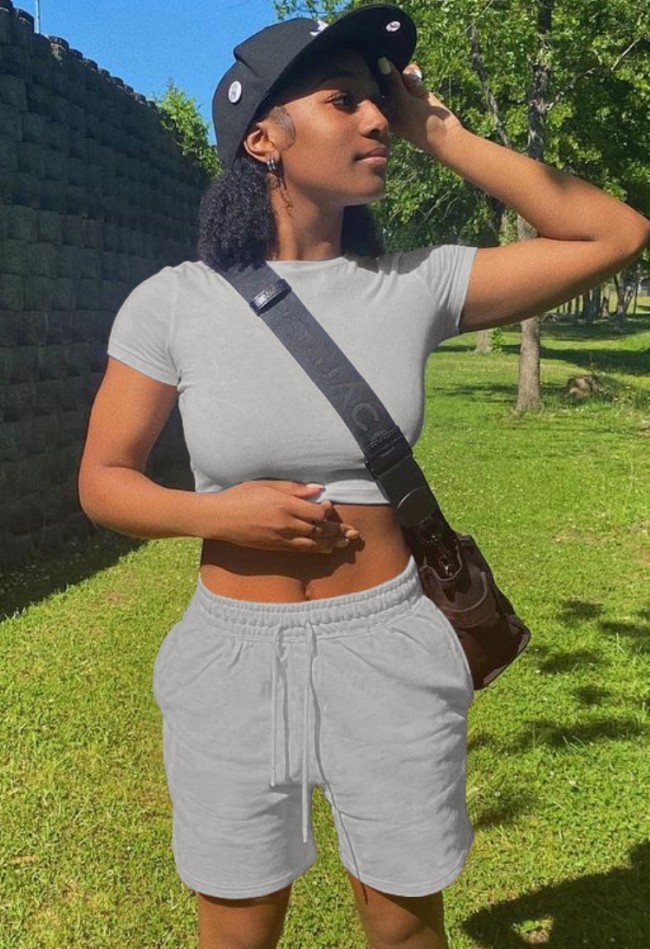 Grey Casual Crop Tank and Sweat Shorts Set
