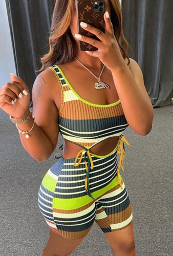 Colorful Striped Sexy Drawstrings Bodycon Rompers