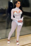 White Mesh See Through Sexy Sequin Bra Long Sleeve Bodycon Jumpsuit