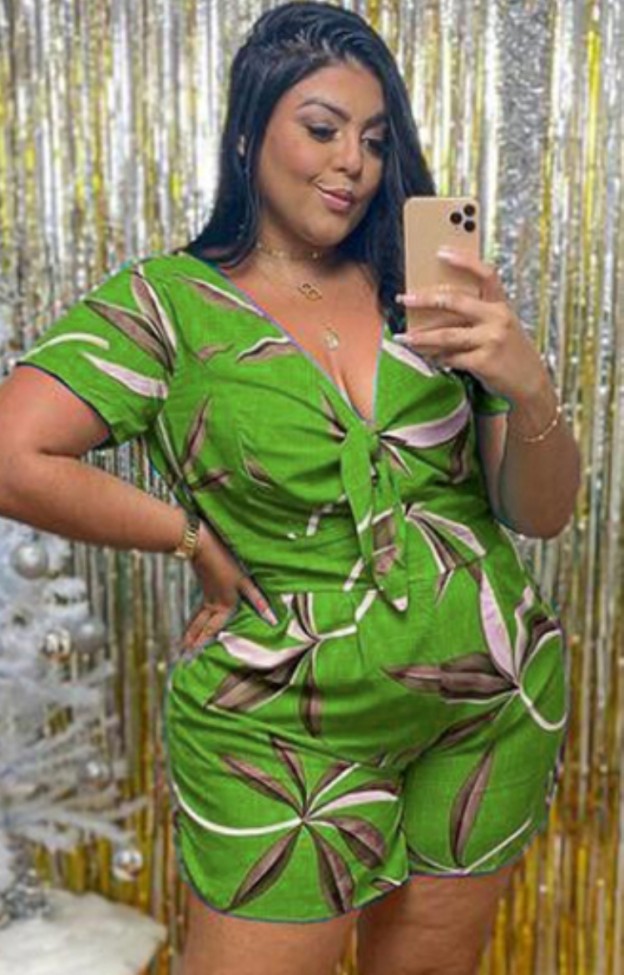 Plus Size Print Green V-Neck Tie Front Casual Rompers