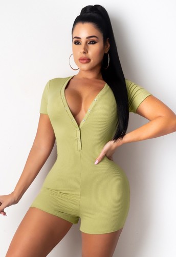 Wholesale Casual Green V Neck Ribbed Bodycon Rompers