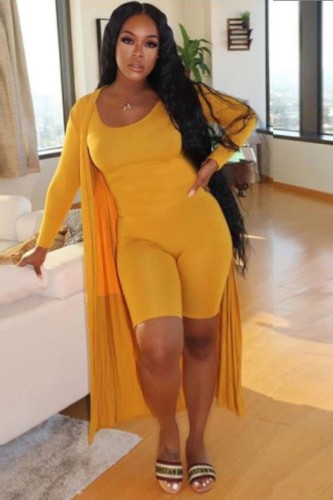 Yellow Bodycon Rompers with Long Cardigan