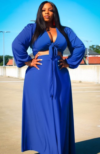 Plus Size Blue Long Sleeve Tie Front Crop Top and Long Skirt Set
