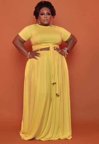 Plus Size Yellow Tie Front Crop Top and Long Skirt Set