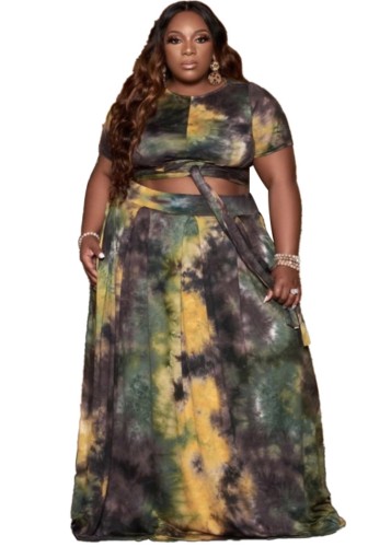 Plus Size Tie Dye Tie Front Crop Top and Long Skirt Set