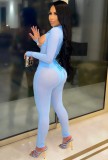 Blue Mesh See Through Sexy Sequin Bra Long Sleeve Bodycon Jumpsuit