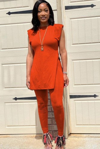 Casual Orange Side Slit Long Top and Tight Pants Matching Set
