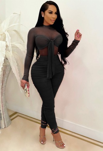 Black Sexy Ruched Long Sleeve Tie Front Bodycon Jumpsuit