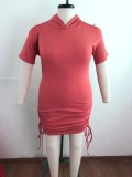 Plus Size Pink Cold Shoulder Side Drawstrings Hooded Dress