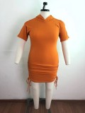 Plus Size Orange Cold Shoulder Side Drawstrings Hooded Dress