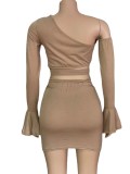 Khaki Hollow Out Sexy One Shoulder Sleeveless Crop Top & Mini Skirt Set