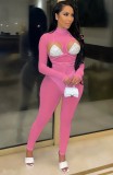 Pink Mesh See Through Sexy Sequin Bra Long Sleeve Bodycon Jumpsuit