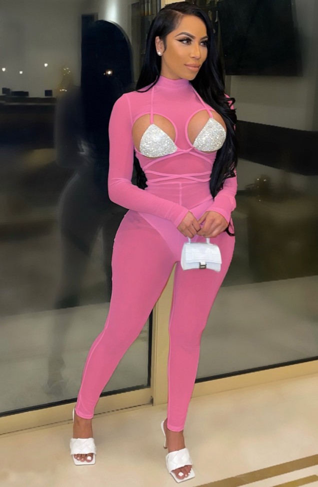 Pink Mesh See Through Sexy Sequin Bra Long Sleeve Bodycon Jumpsuit