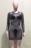 Sexy Black PU Leather and Mesh 3PCS Bikini Set