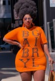 Plus Size Orange Print Round Neck T-Shirt Dress