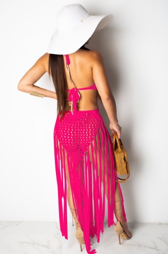 Hot Pink Hollow Out Crochet Tassel Beach Dress Cover Up