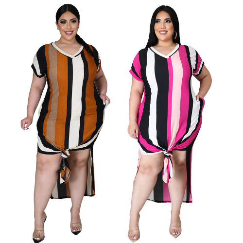 Plus Size V Neck Stripes Orange Short Sleeve Slit Long Dress