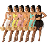 Orange Knit Hollow Out Halter Tassel Bikini Cover Up 2PCS Beachwear