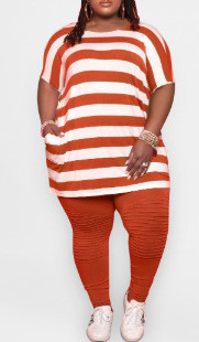 Plus Size Stripes Orange Loose T-Shirt and Tight Pants Set