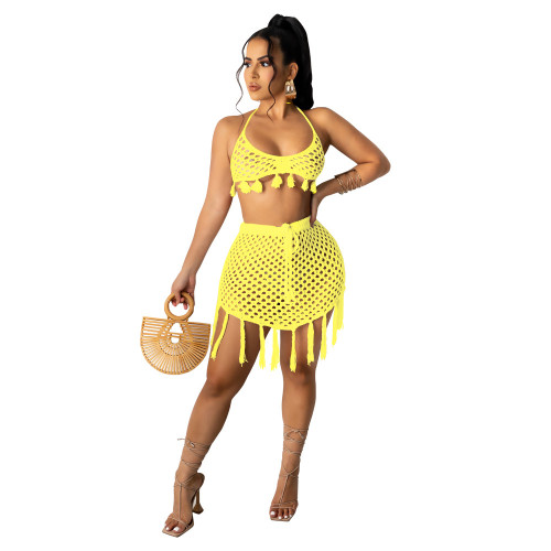 Yellow Knit Hollow Out Halter Tassel Bikini Cover Up 2PCS Beachwear