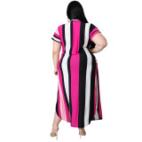 Plus Size V Neck Stripes Pink Short Sleeve Slit Long Dress