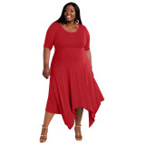 Plus Size Red Short Sleeve Irregular Hem Dress