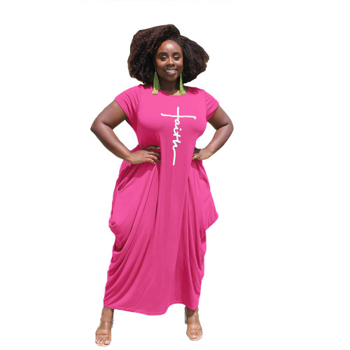 Plus Size Print Hot Pink Short Sleeve Loose Long Dress