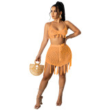 Orange Knit Hollow Out Halter Tassel Bikini Cover Up 2PCS Beachwear