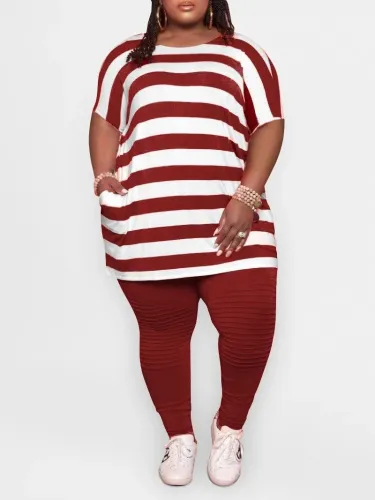 Plus Size Stripes Orange Loose T-Shirt and Tight Pants Set