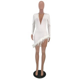White Plunging Sexy Long Sleeve Irregular Fur Trim Dress