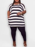 Plus Size Stripes Purple Loose T-Shirt and Tight Pants Set
