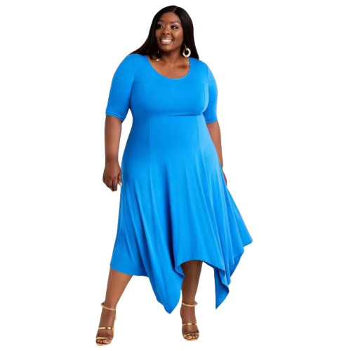 Plus Size Blue Short Sleeve Irregular Hem Dress