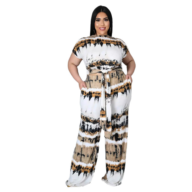 Plus Size Tie Dye Crop Top and Wide Leg Two Piece Pants Set