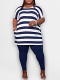 Plus Size Stripes Purple Loose T-Shirt and Tight Pants Set
