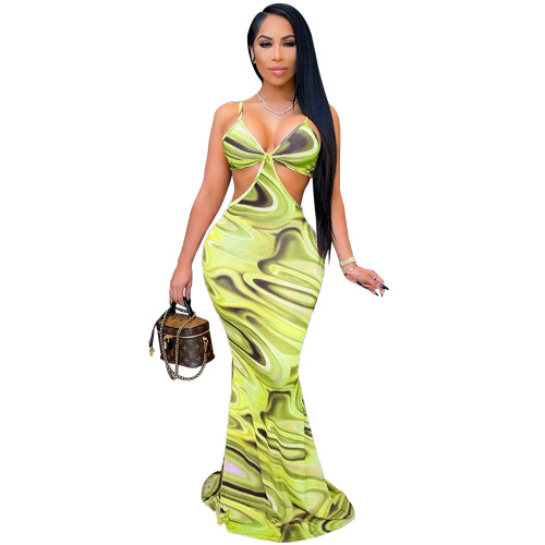 Print Green Hollow Out Sexy Strap Maxi Dress