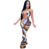 Summer Print Brown Sexy Halter Cut Out Jumpsuit