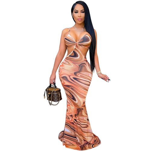 Print Brown Hollow Out Sexy Strap Maxi Dress