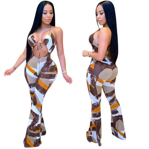 Summer Print Brown Sexy Halter Cut Out Jumpsuit
