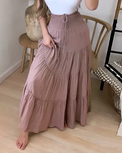 High Waisted Khaki Boho Long Skirt
