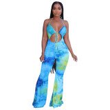 Summer Print Brown Sexy Halter Cut Out Jumpsuit